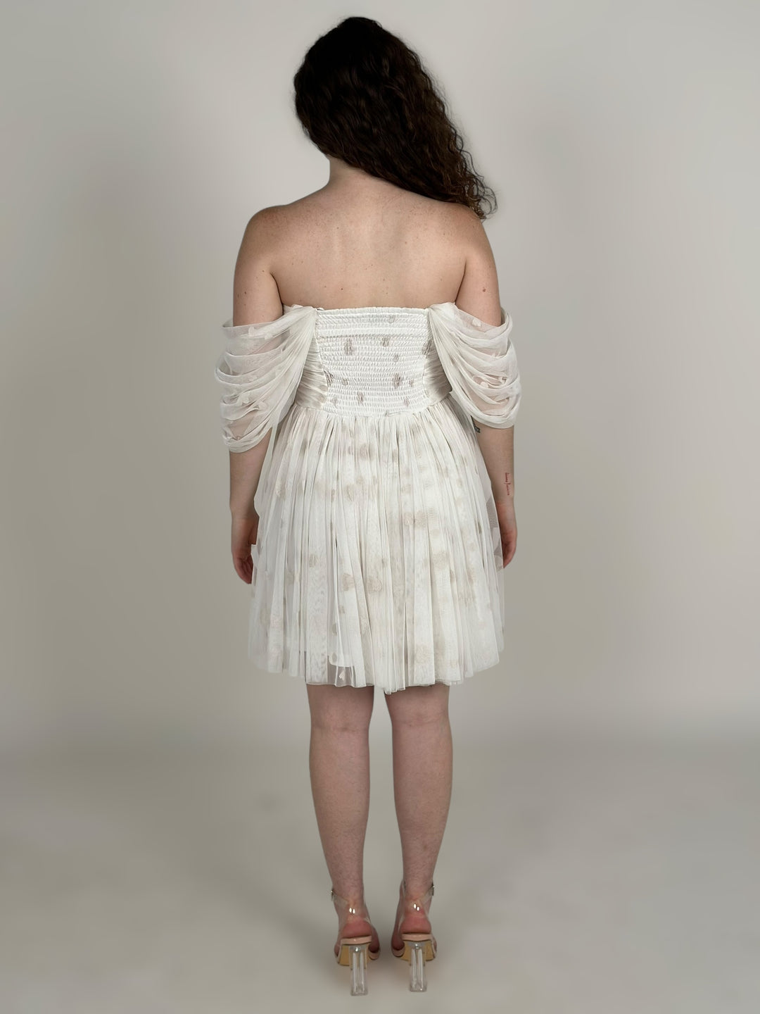 White Off Shoulder Ruched Mini Dress
