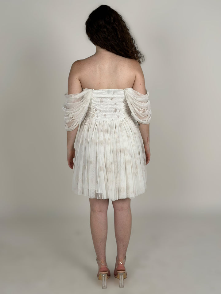 White Off Shoulder Ruched Mini Dress