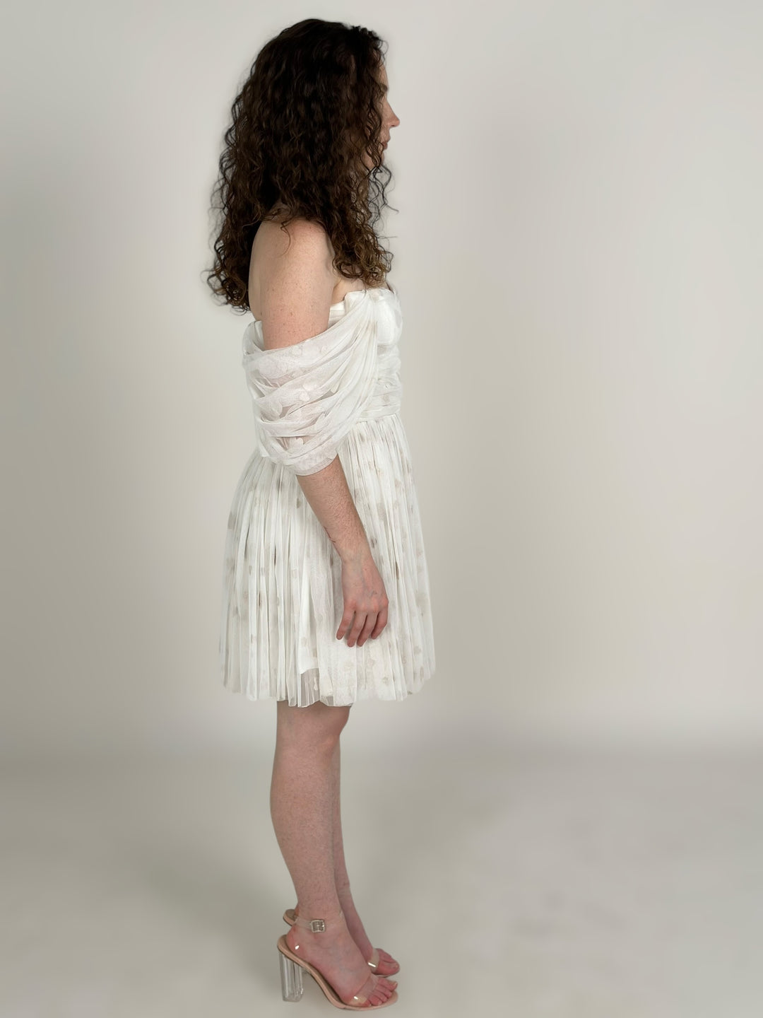 White Off Shoulder Ruched Mini Dress