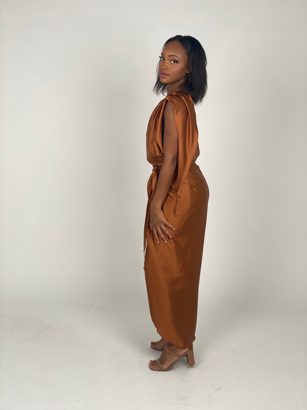 Rust One Shoulder Wrap Dress