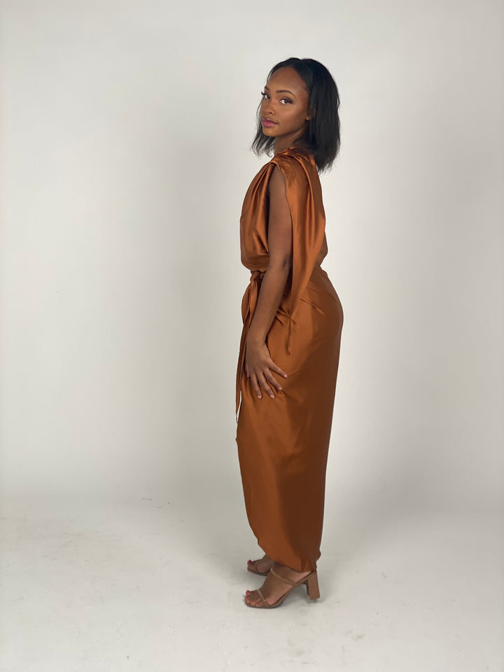 Rust One Shoulder Wrap Dress