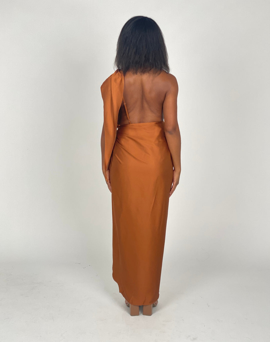 Rust One Shoulder Wrap Dress