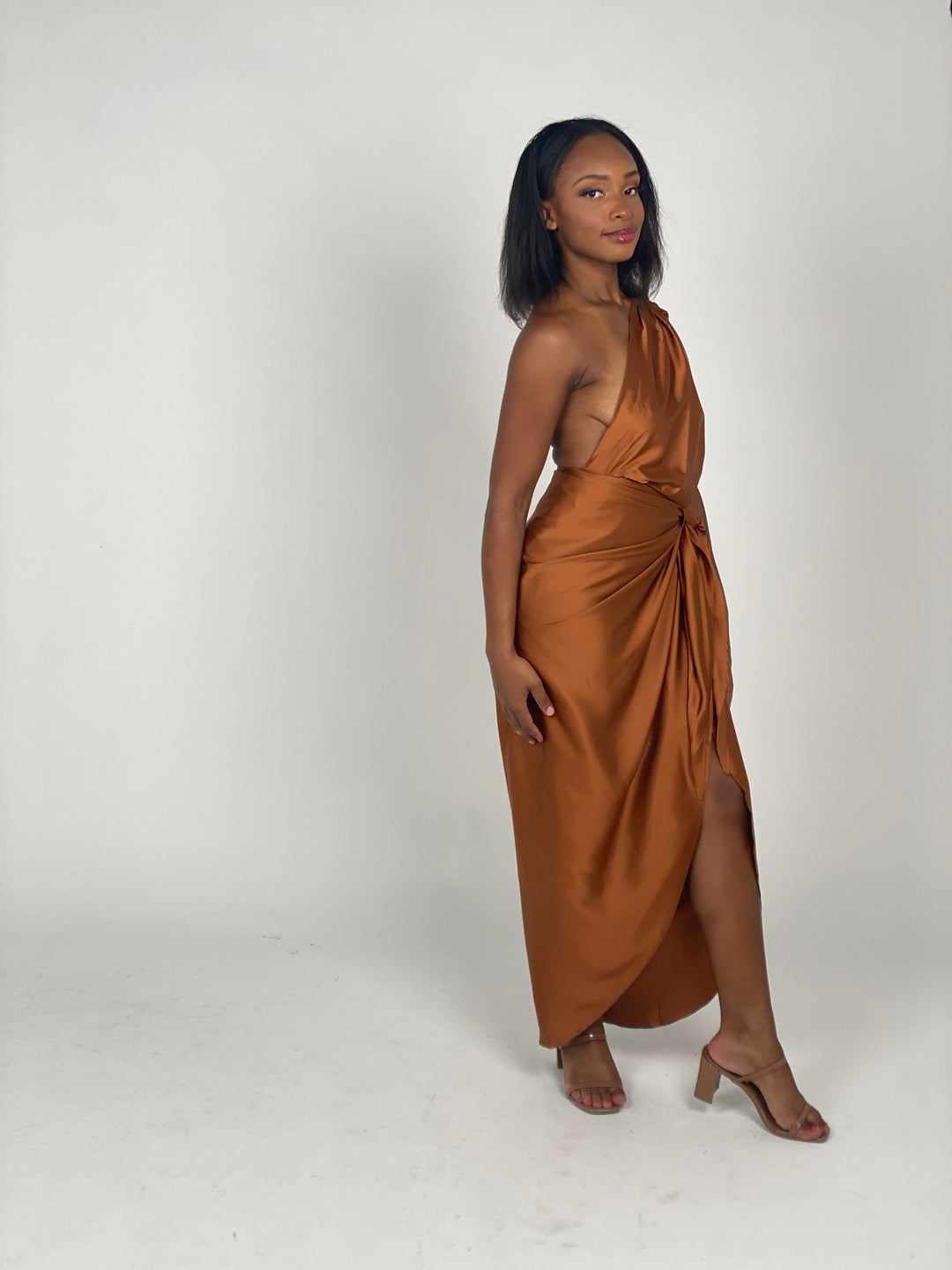 Rust One Shoulder Wrap Dress