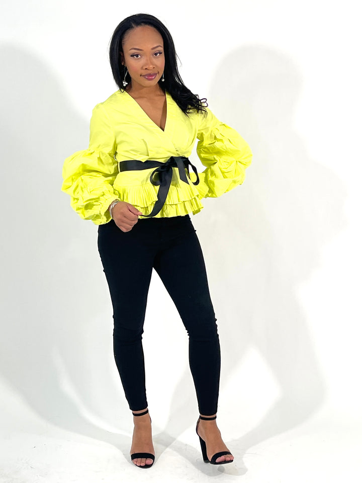 Lemon Bubble Sleeve Peplum Top