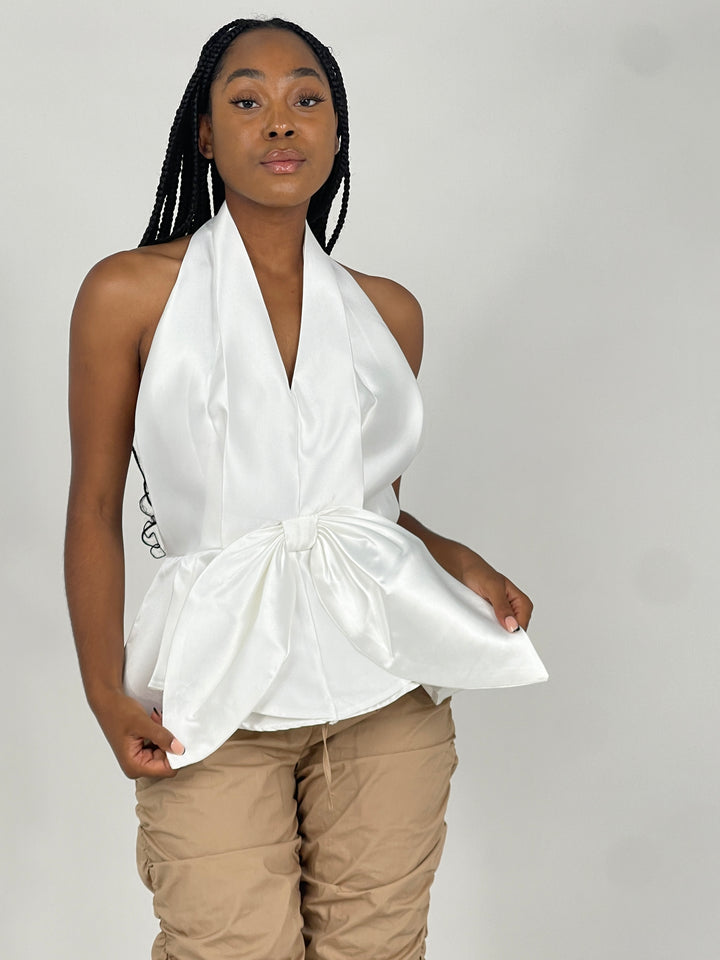 White Casual Bow-Knot Top
