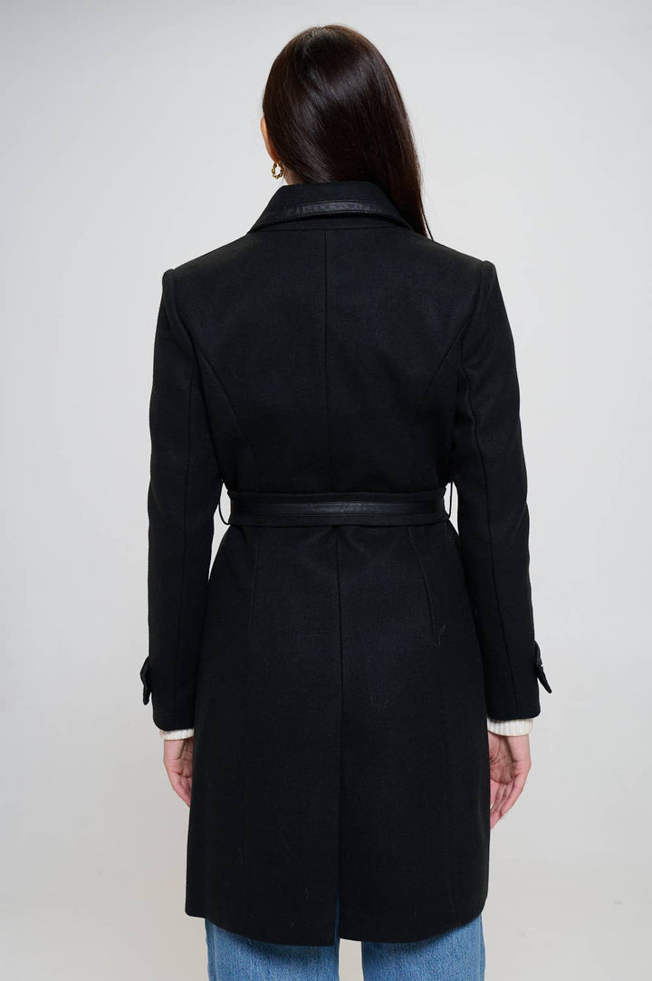 Faux Leather Belted Wool Coat: Olive