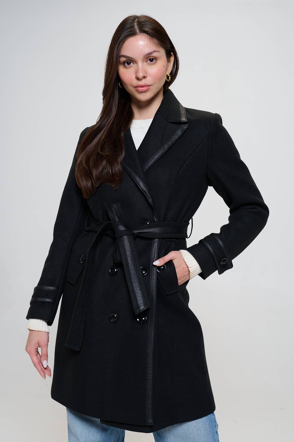 Faux Leather Belted Wool Coat: Olive