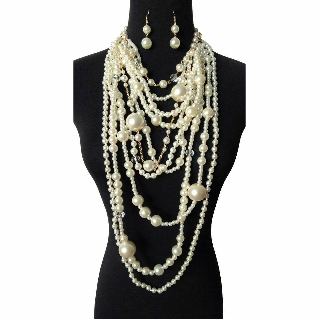 Chunky Multi-Layered Pearls Statement Necklace Set: Ivory