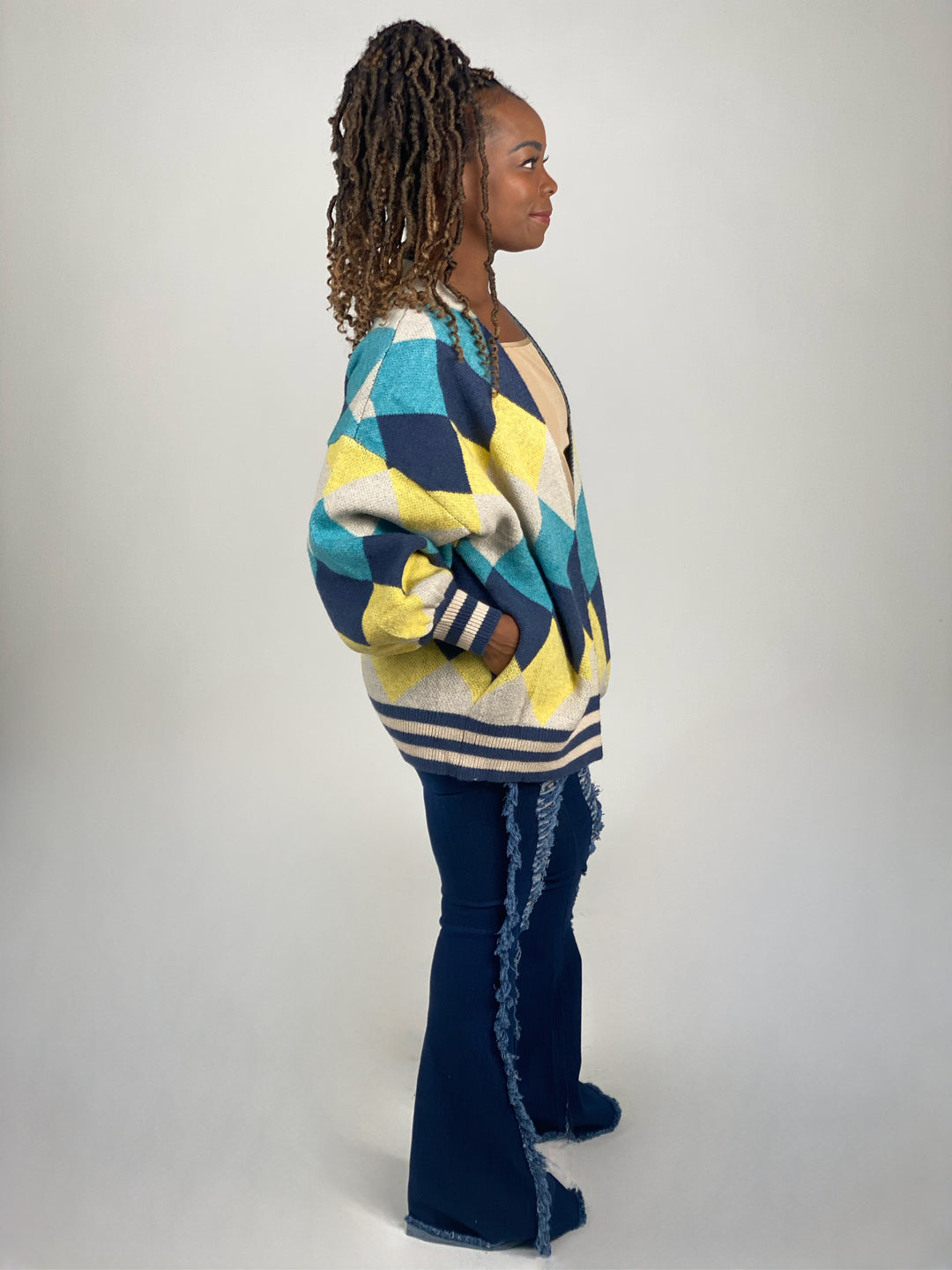 Blue and Yellow Argyle Patterned Sweater