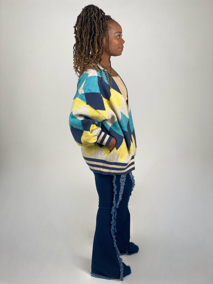 Blue and Yellow Argyle Patterned Sweater