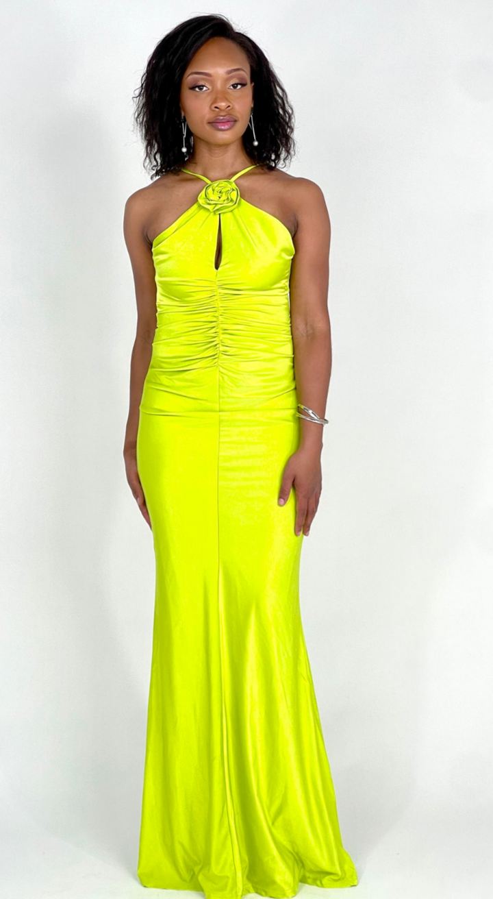 Lime Flower Neck Maxi Dress