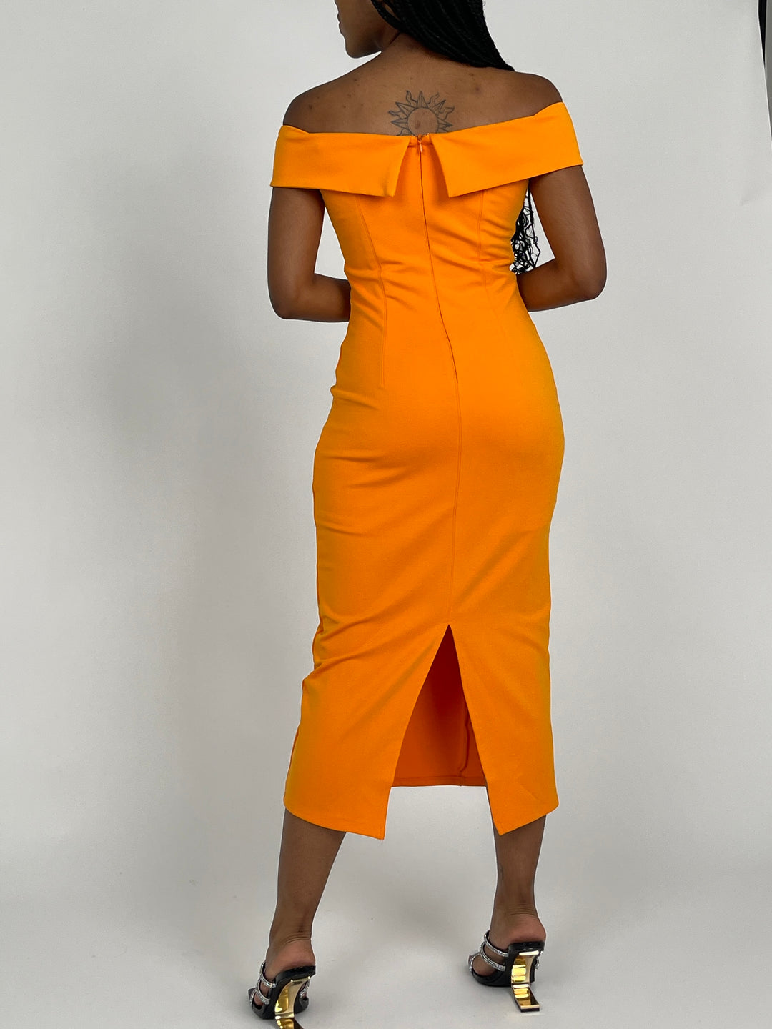 Orange Off Shoulder Midi Dress
