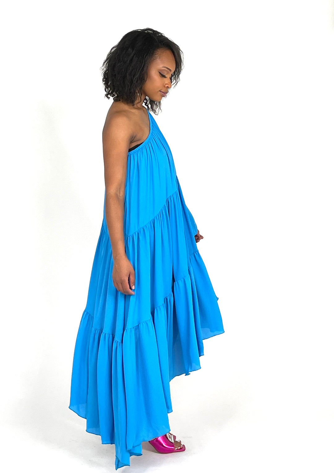 Blue One Shoulder Shirred Dress