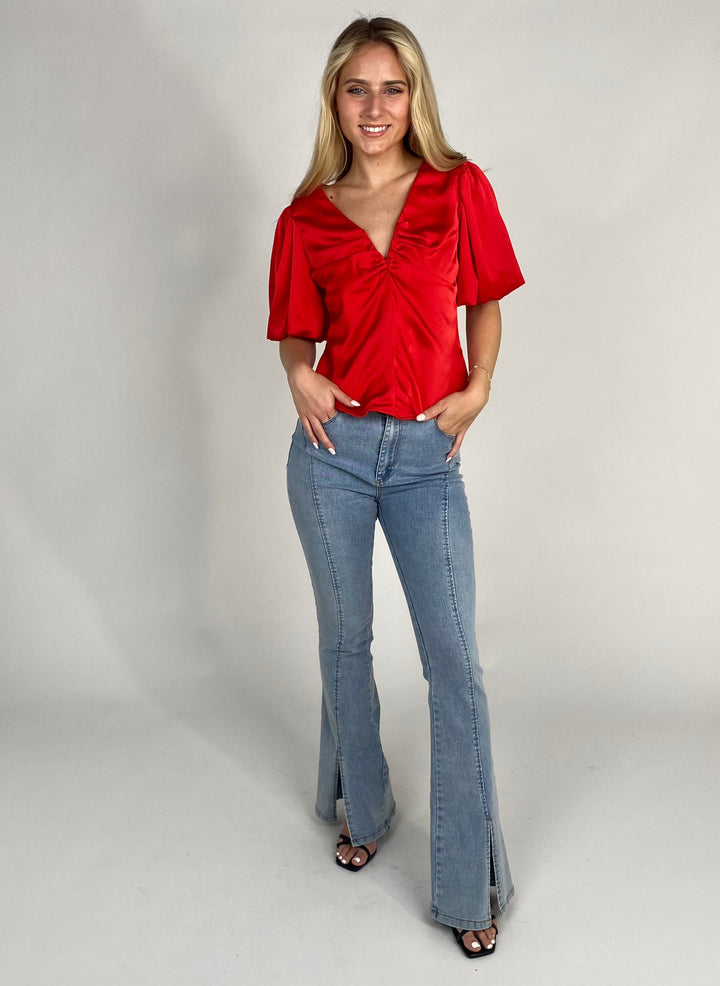 Red V Neck Satin Top