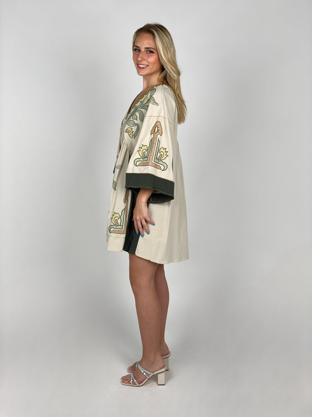 Beige And Green Embroidered Dress