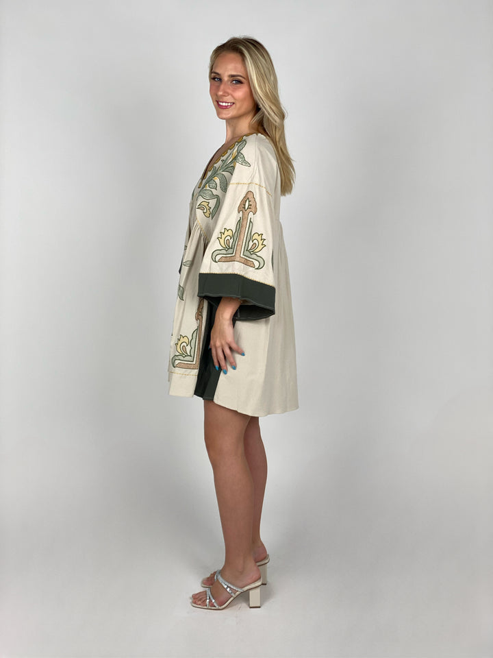 Beige And Green Embroidered Dress