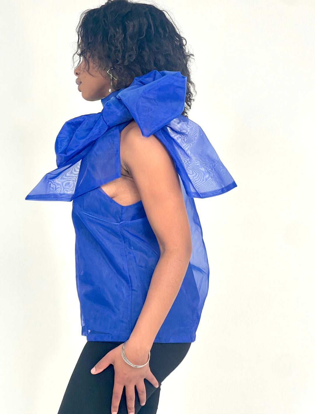 Blue Sleeveless Bow Tie Blouse