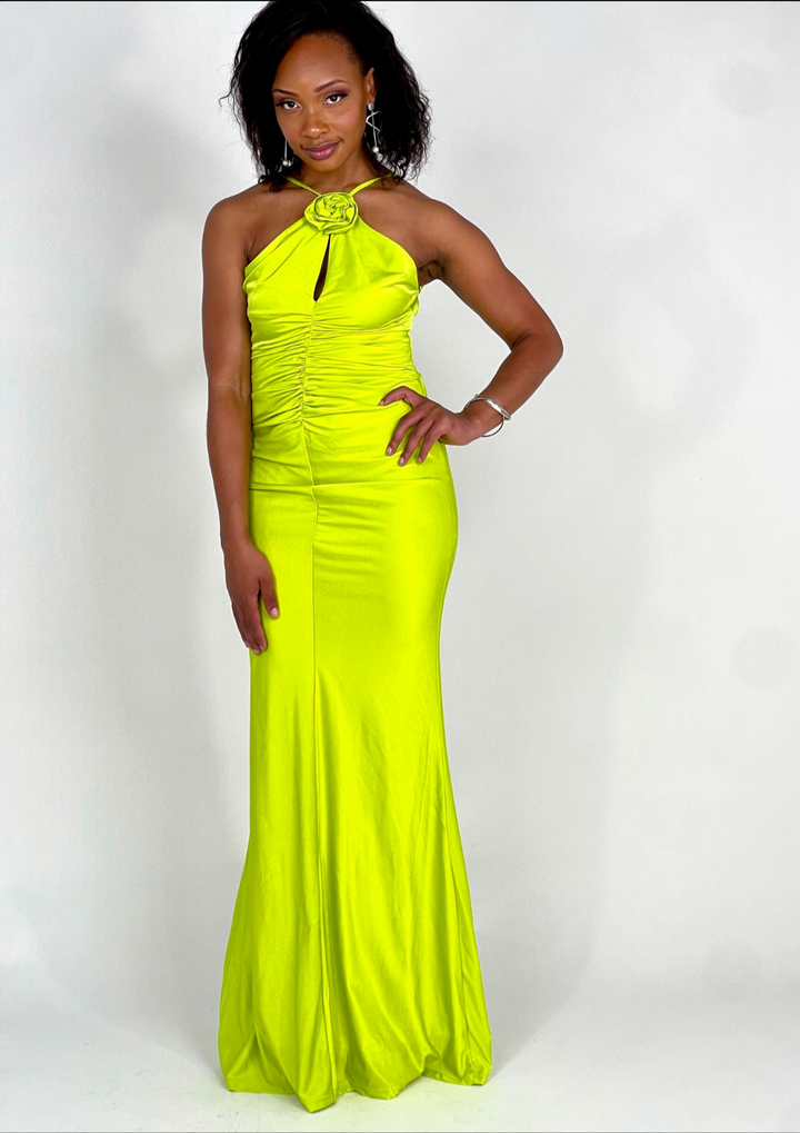 Lime Flower Neck Maxi Dress