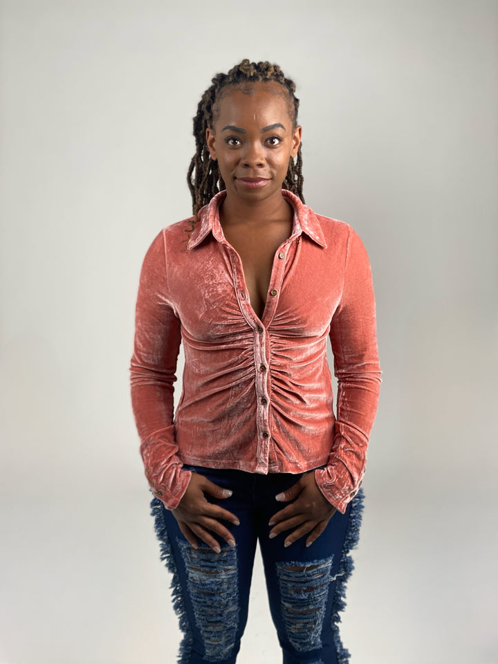 Pink Velvet Button Down Top