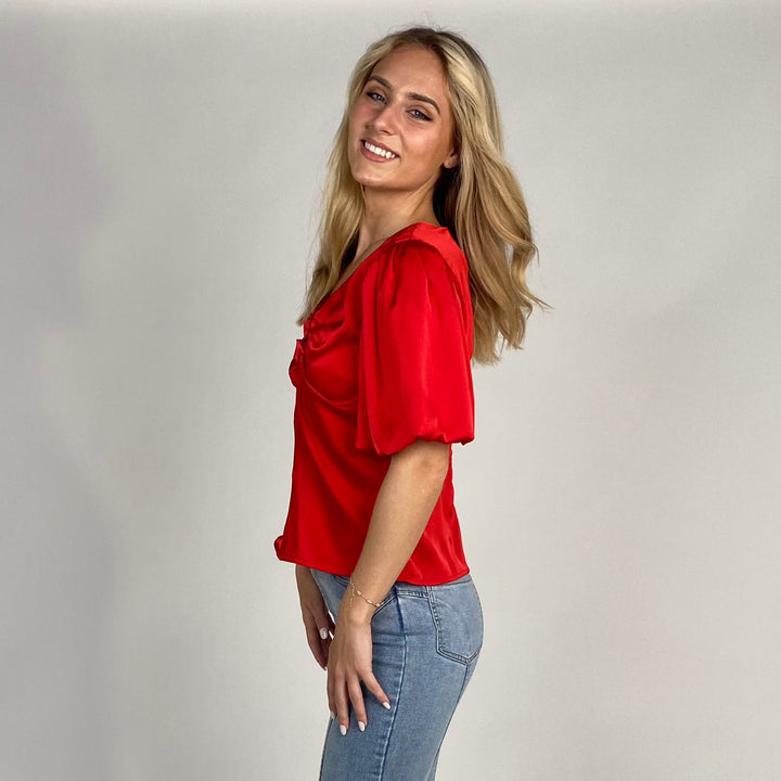 Red V Neck Satin Top