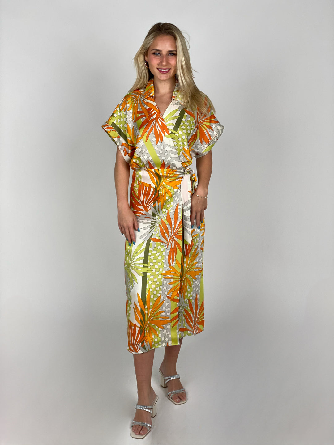 Orange And Green Mosaic Midi Wrap Dress