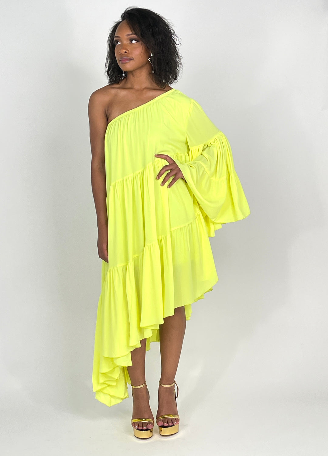 Lime Light One Shoulder Shirred Dress