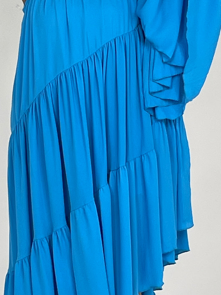 Blue One Shoulder Shirred Dress