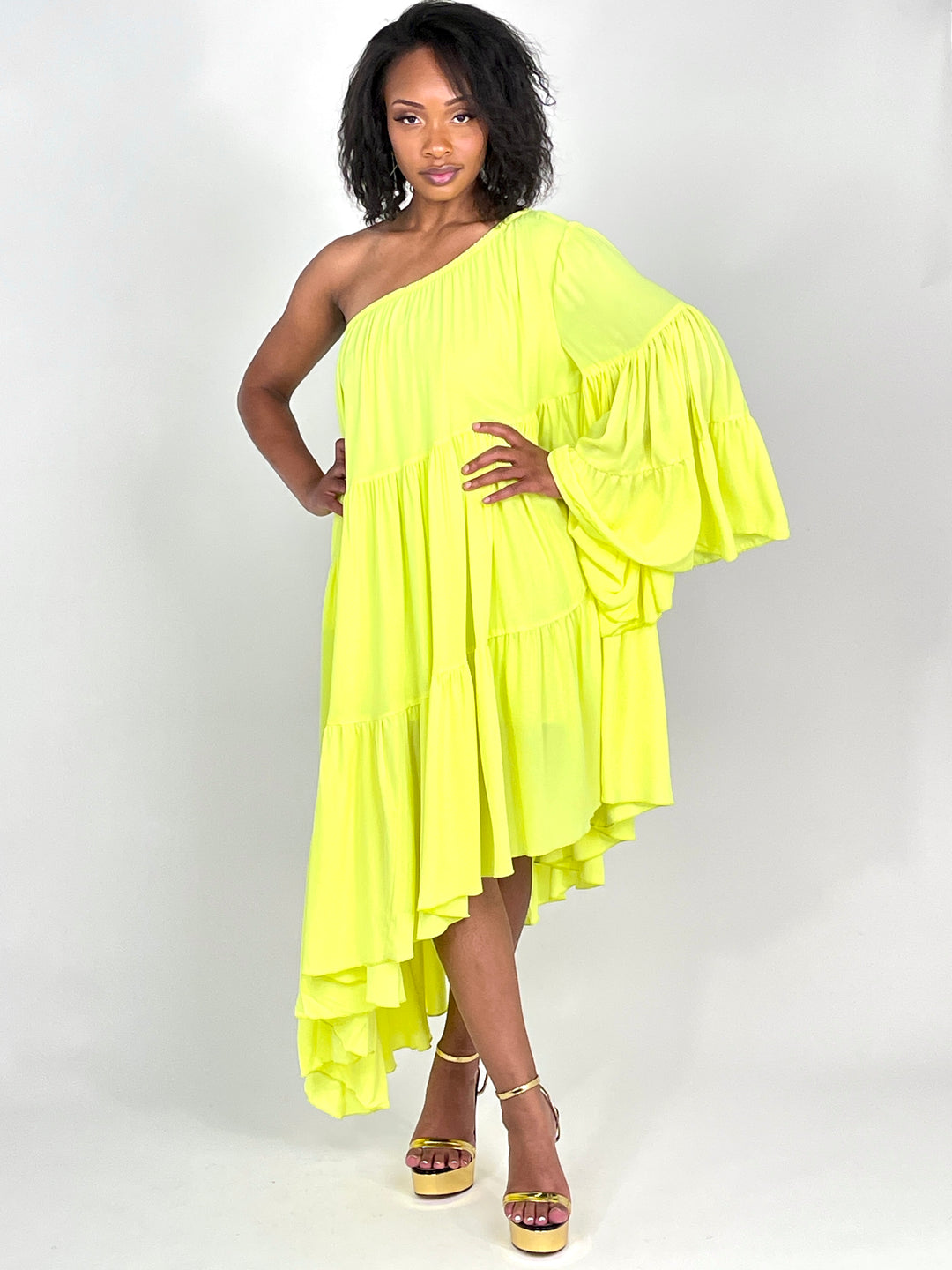 Lime Light One Shoulder Shirred Dress