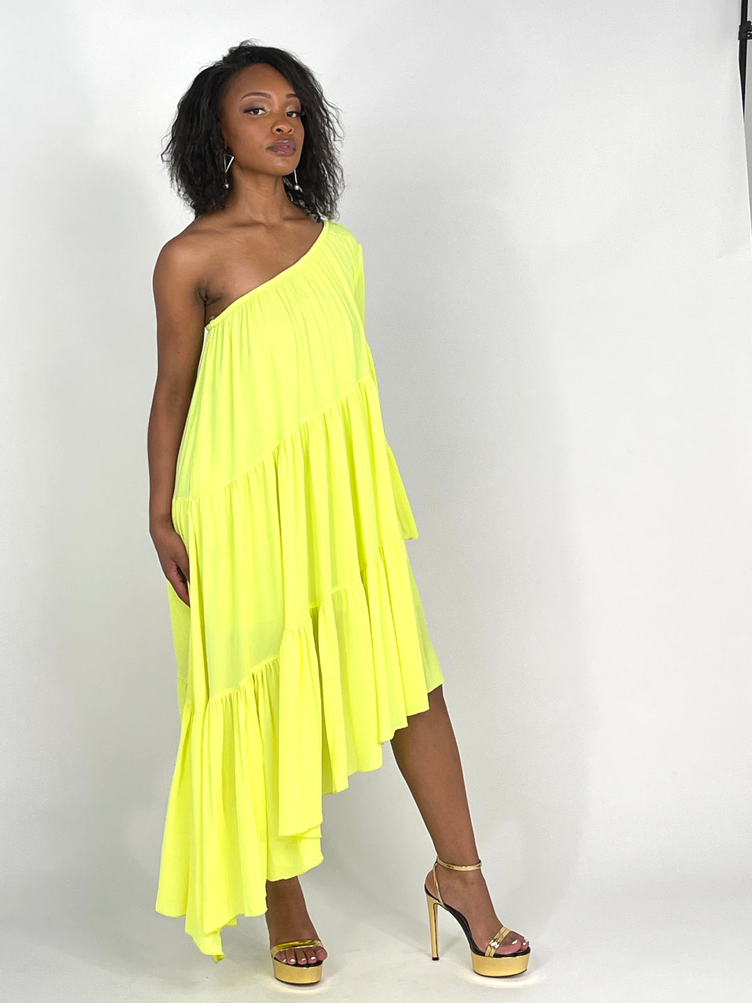 Lime Light One Shoulder Shirred Dress