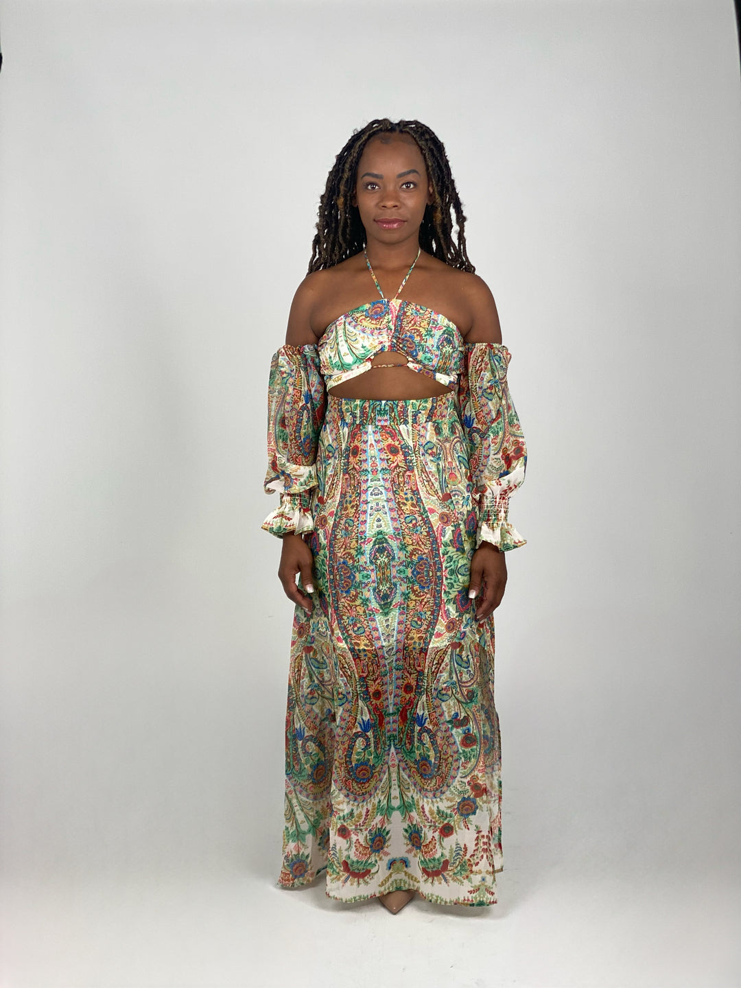 Printed Long Sleeve Off Shoulder Dress