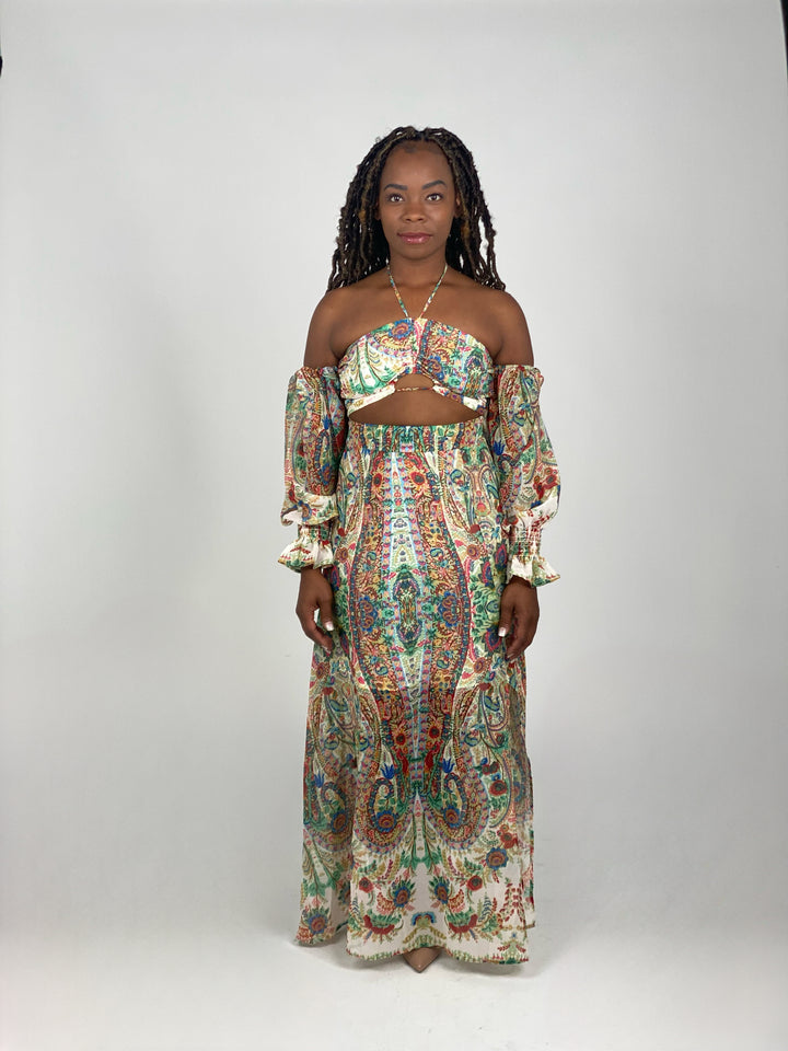 Printed Long Sleeve Off Shoulder Dress