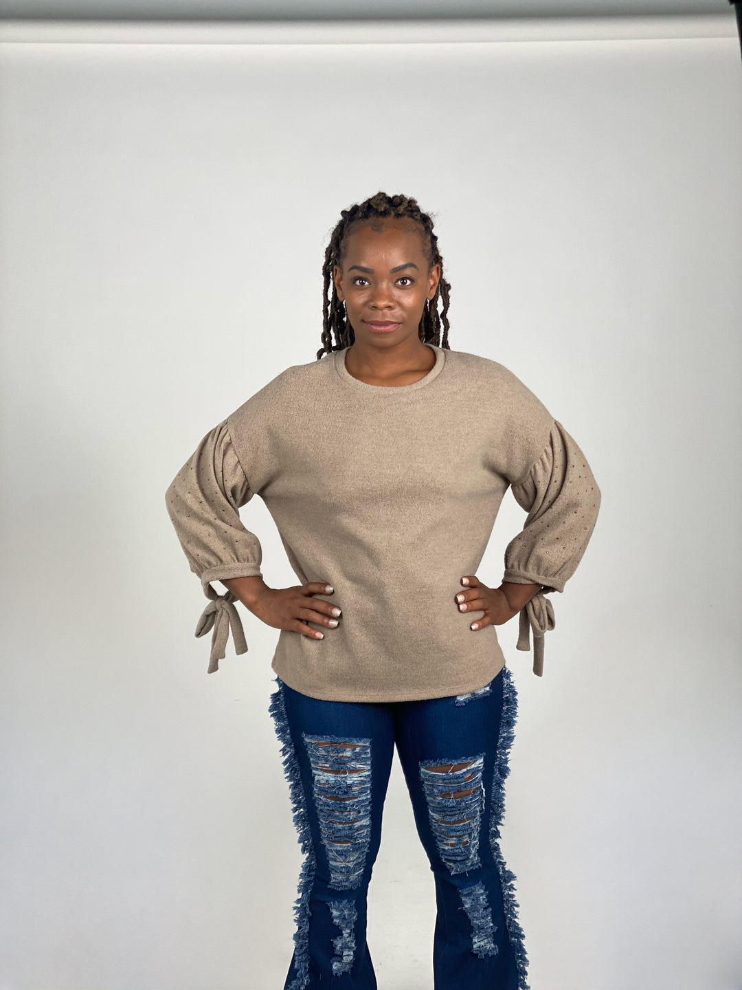 Long Sleeve Brushed Fabric Top With Tie Details
