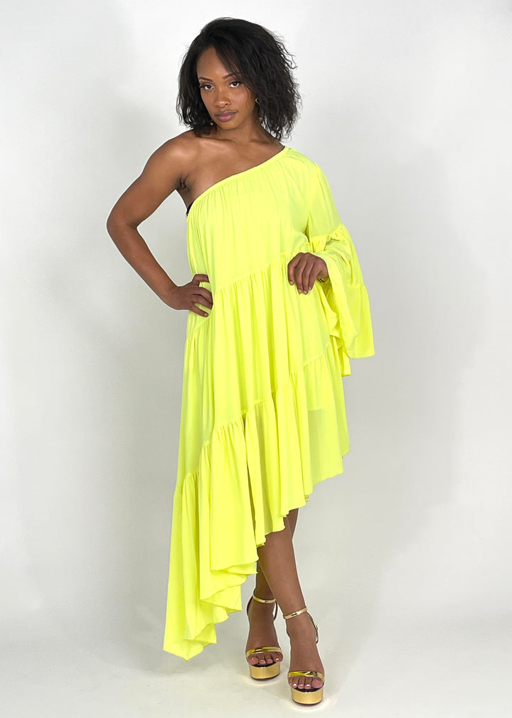 Lime Light One Shoulder Shirred Dress