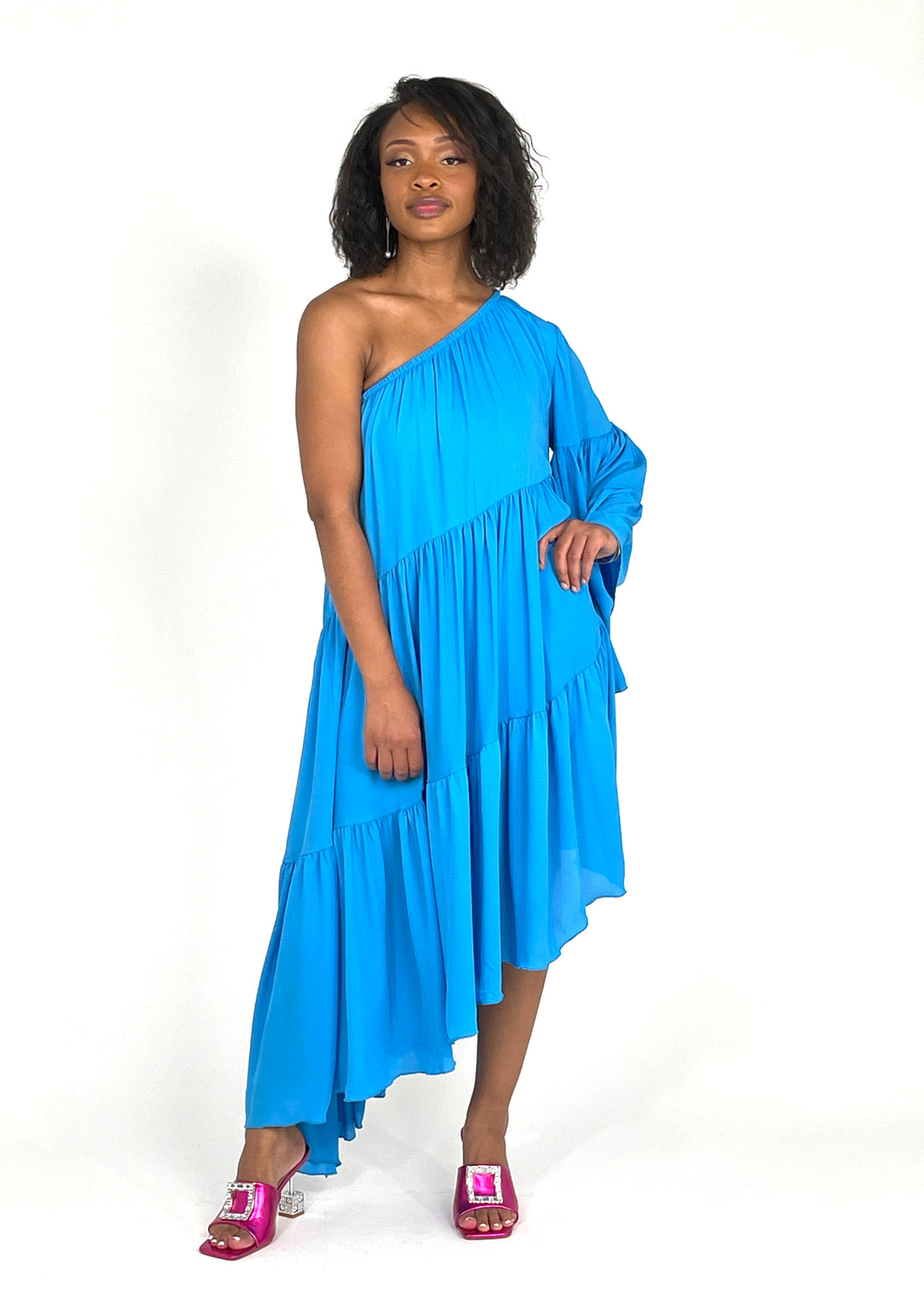 Blue One Shoulder Shirred Dress