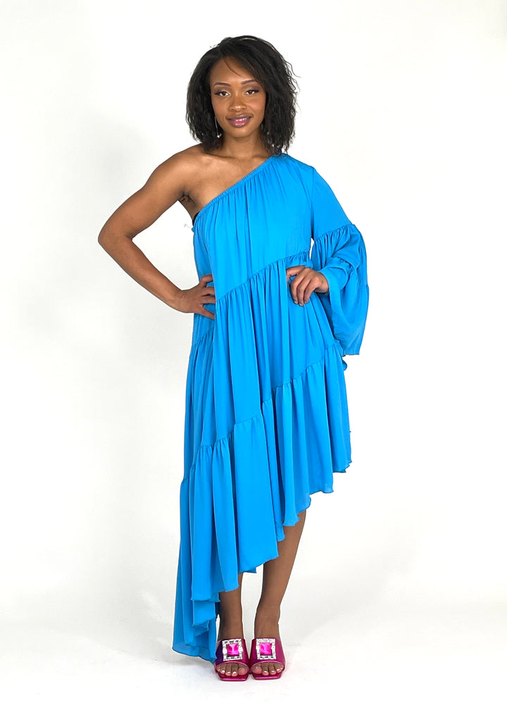 Blue One Shoulder Shirred Dress