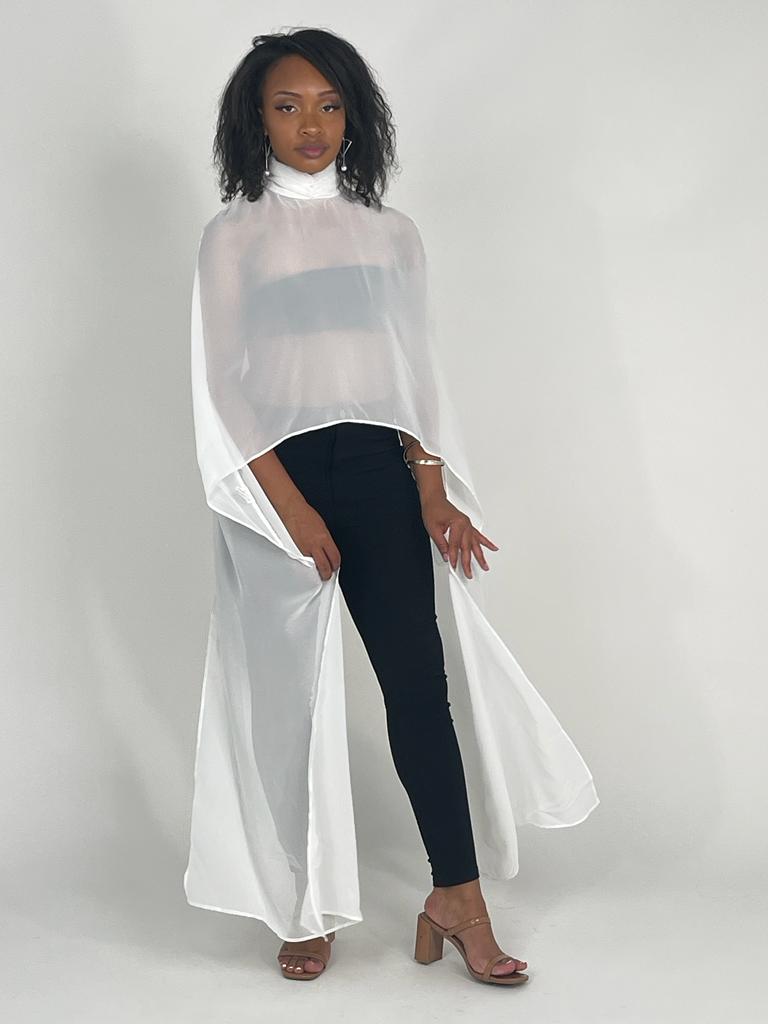 White Asymmetric Gauze Cape