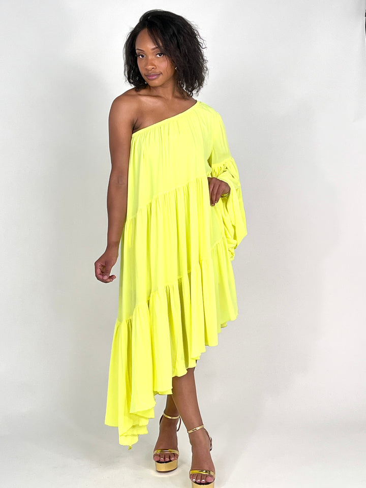 Lime Light One Shoulder Shirred Dress