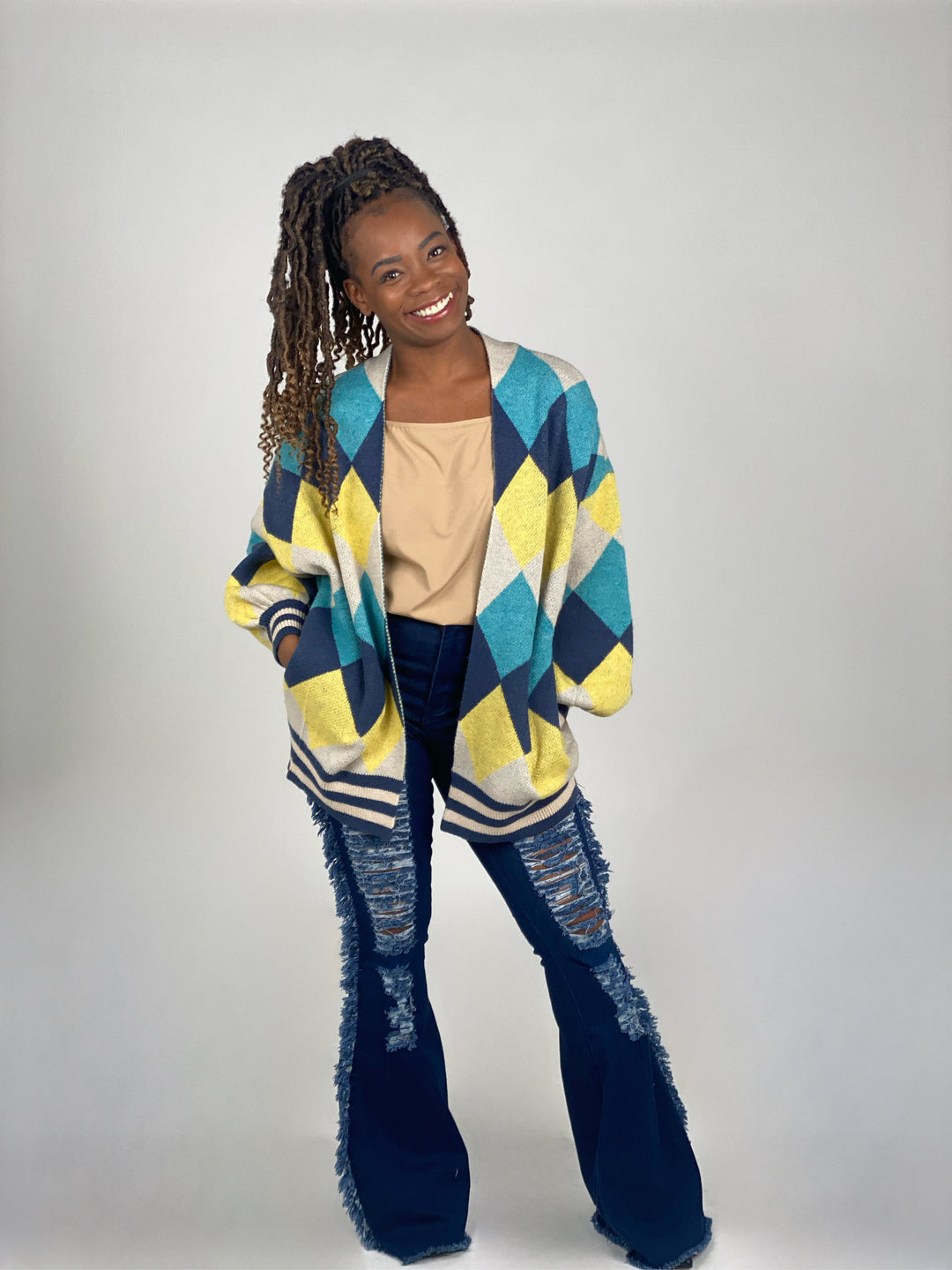 Blue and Yellow Argyle Patterned Sweater