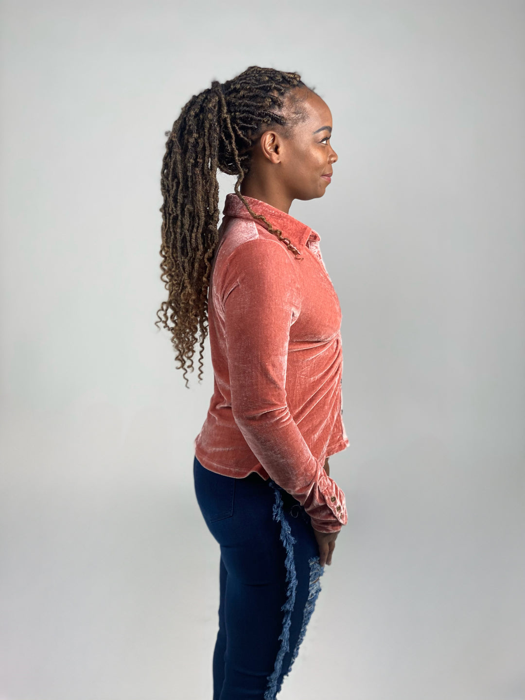 Pink Velvet Button Down Top