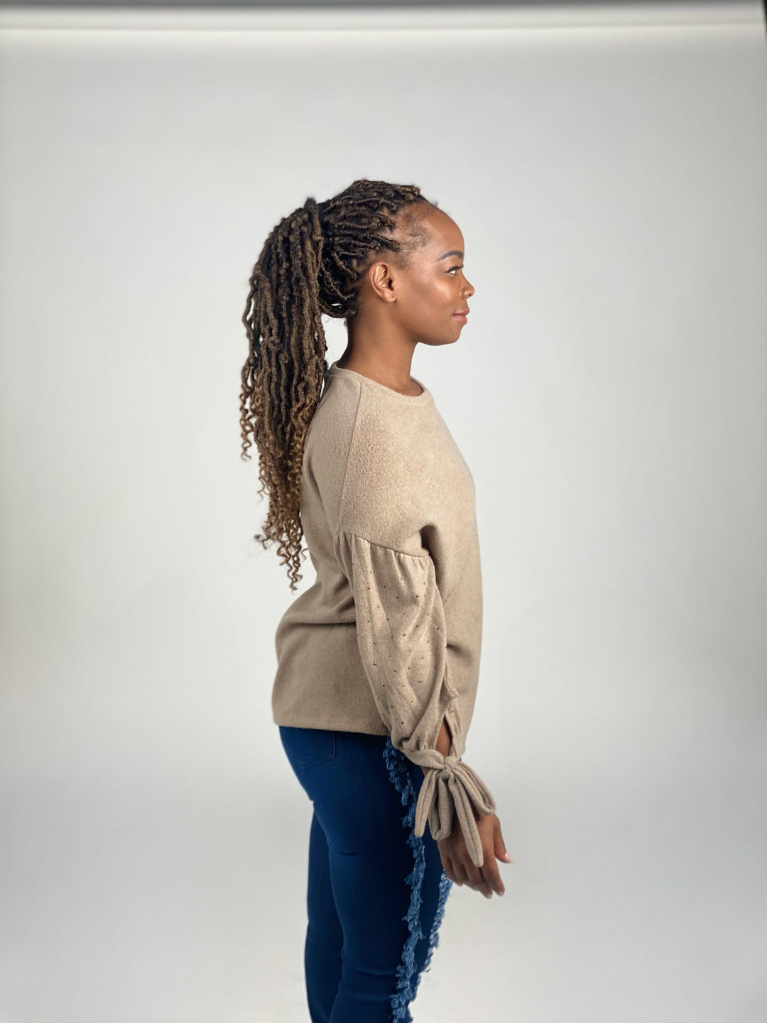 Long Sleeve Brushed Fabric Top With Tie Details