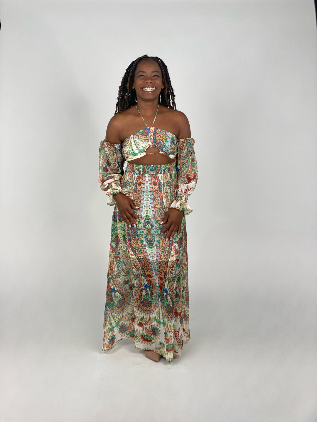 Printed Long Sleeve Off Shoulder Dress