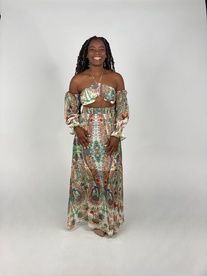 Printed Long Sleeve Off Shoulder Dress