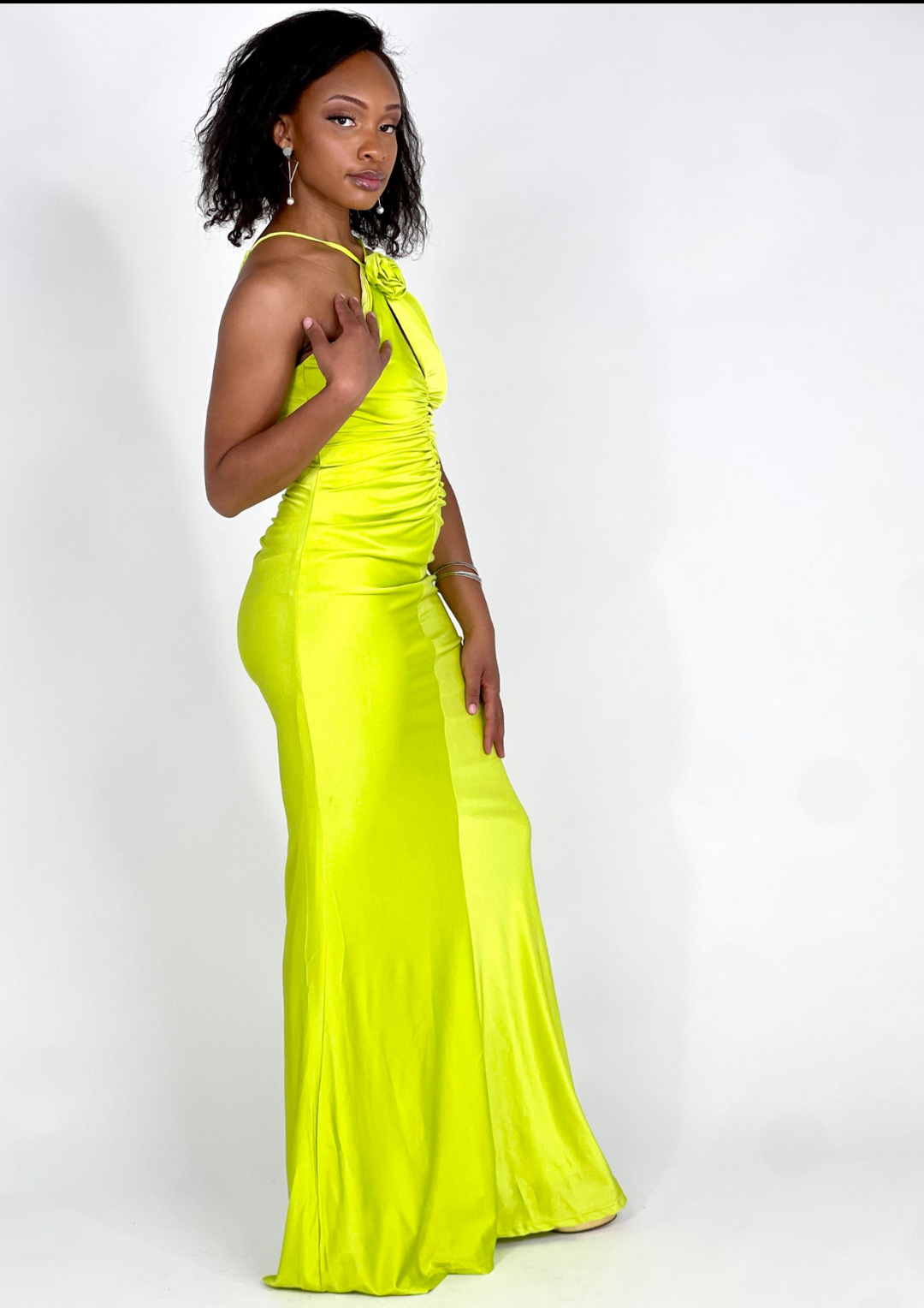 Lime Flower Neck Maxi Dress
