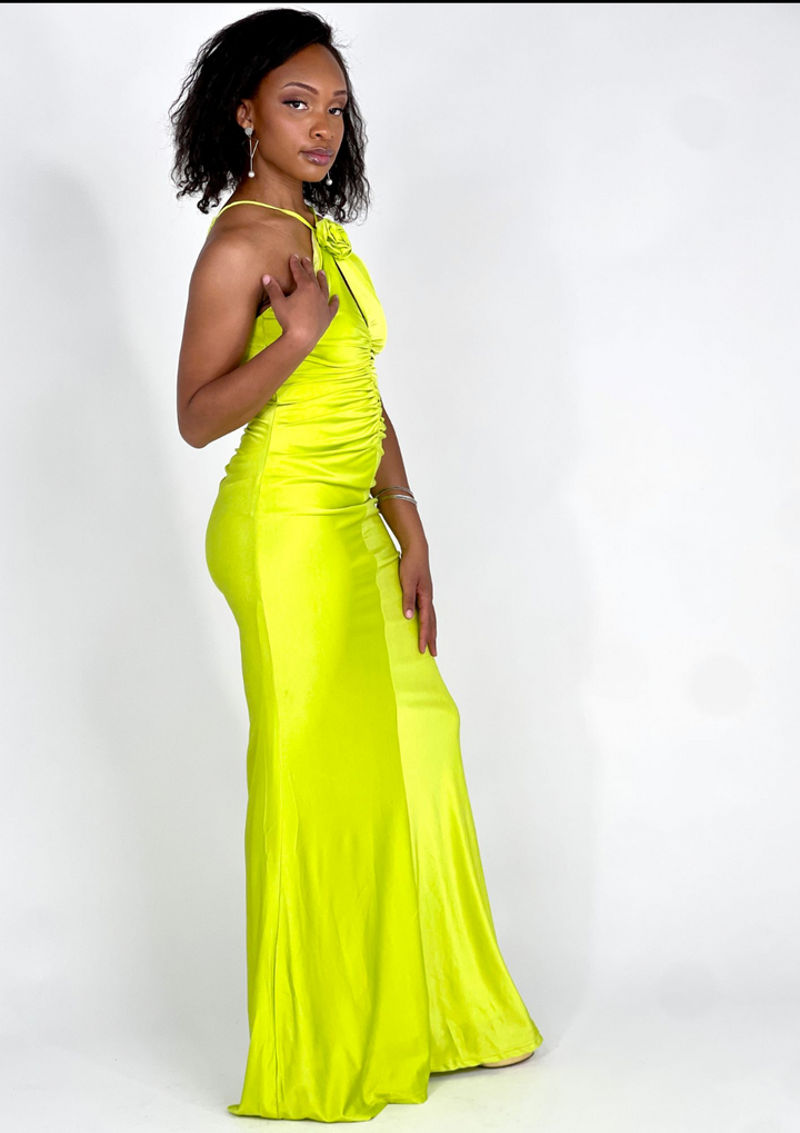 Lime Flower Neck Maxi Dress