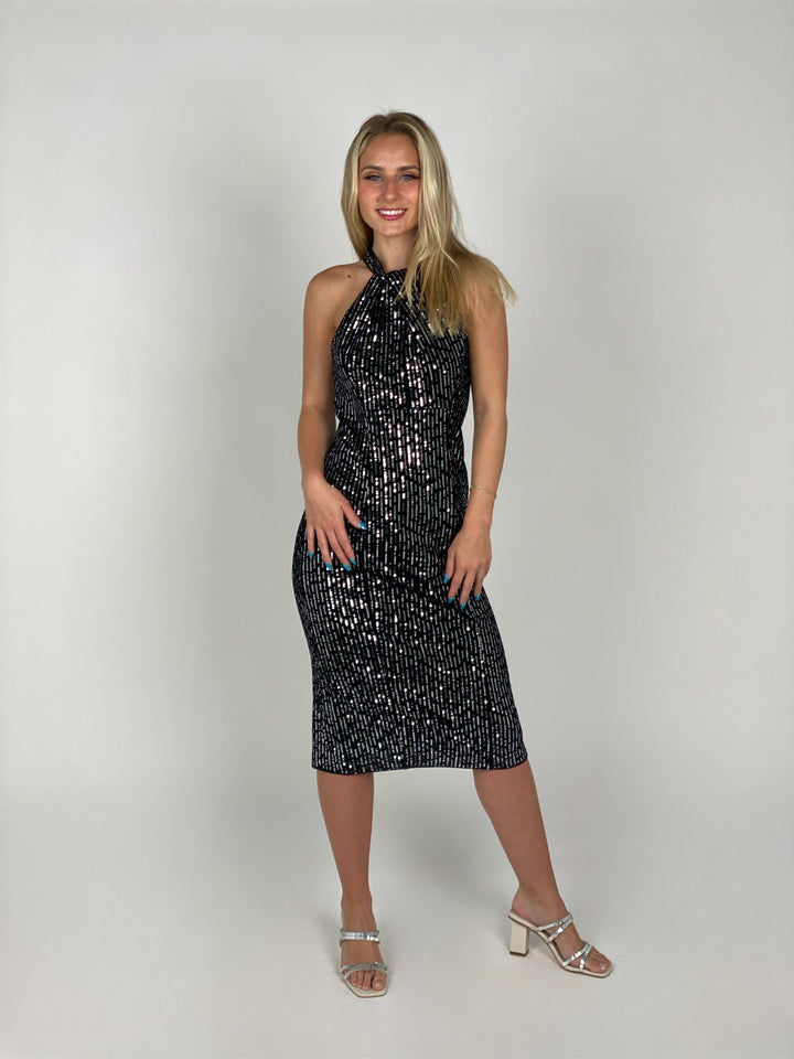 Black Sequin Sleeveless Midi Dress