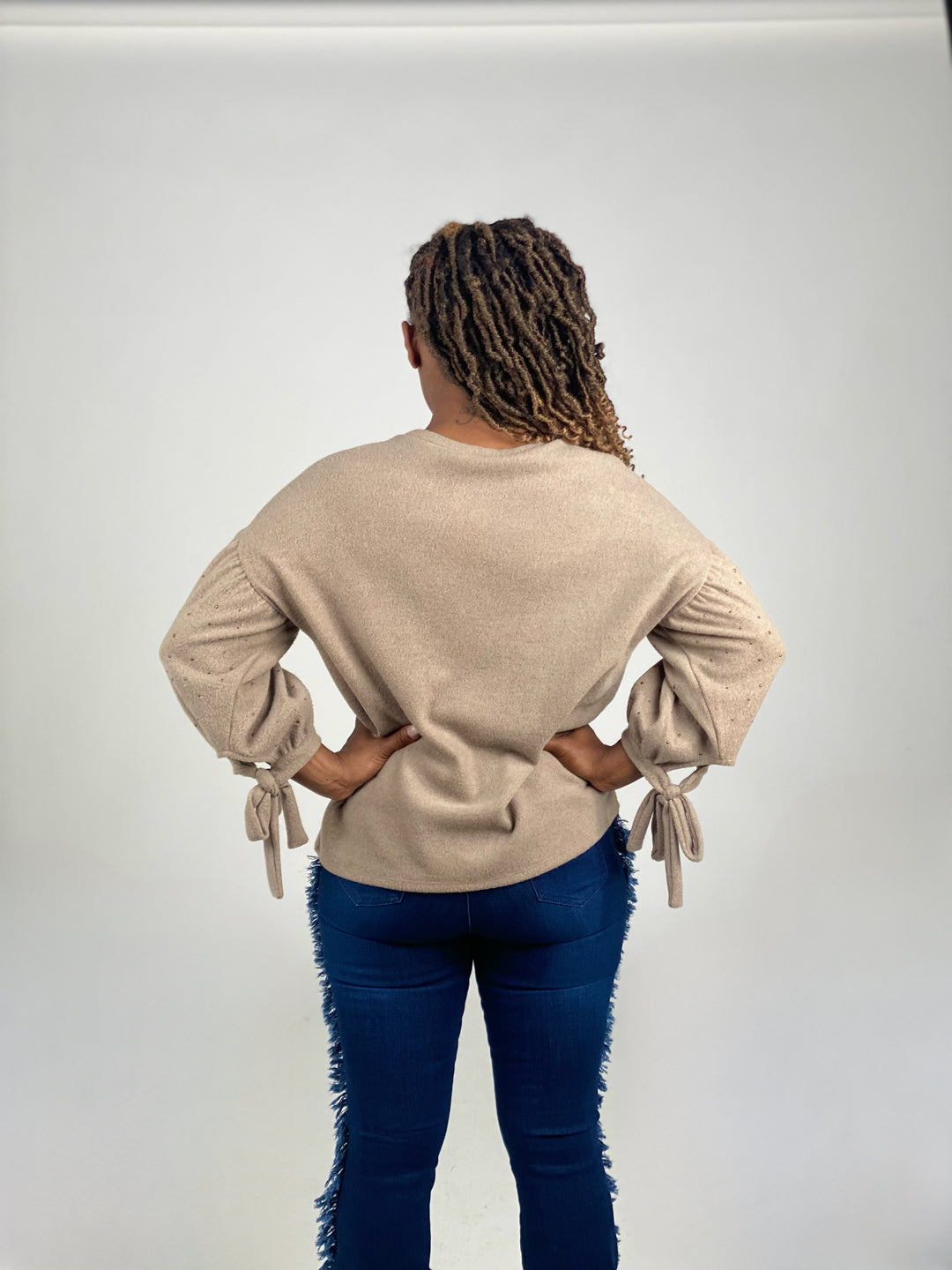 Long Sleeve Brushed Fabric Top With Tie Details