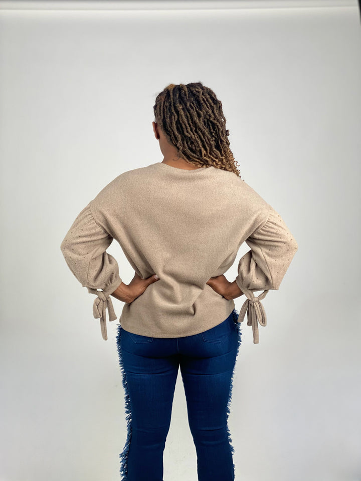 Long Sleeve Brushed Fabric Top With Tie Details