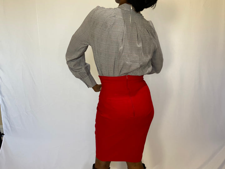 Plaid Pintuck Puff Sleeve Top