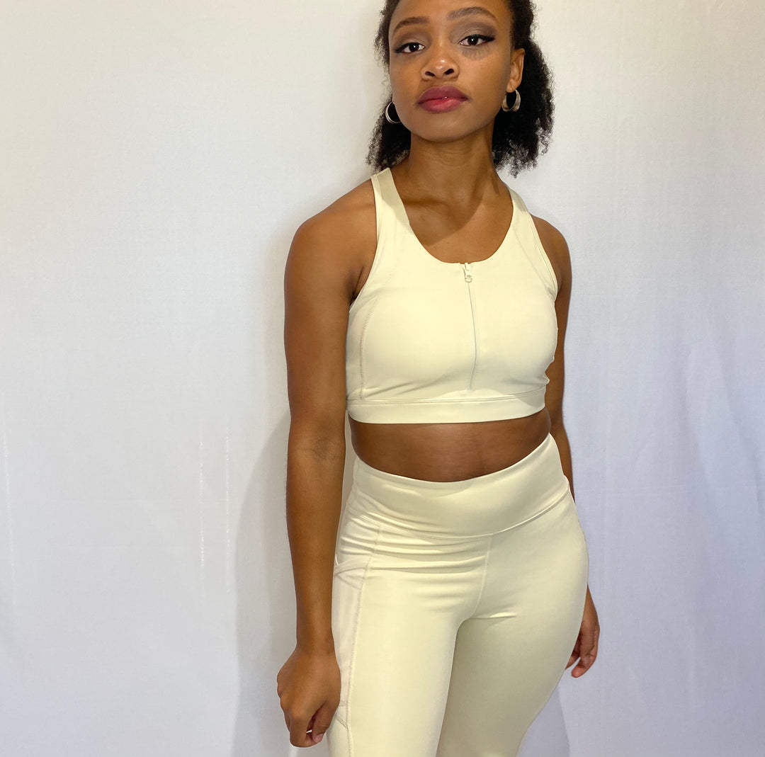 Cream Zip-Up Sports Bra