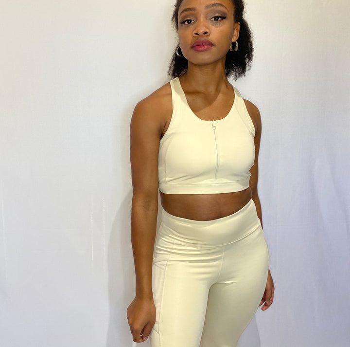 Cream Zip-Up Sports Bra